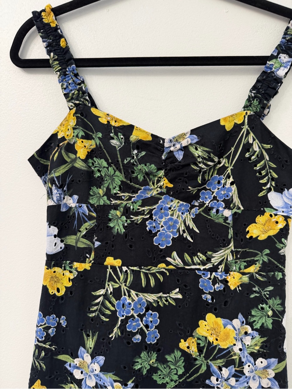 Zara Black Floral Eyelet Midi Dress with Yellow & Blue Blooms Zipper Closure S - Picture 4 of 13